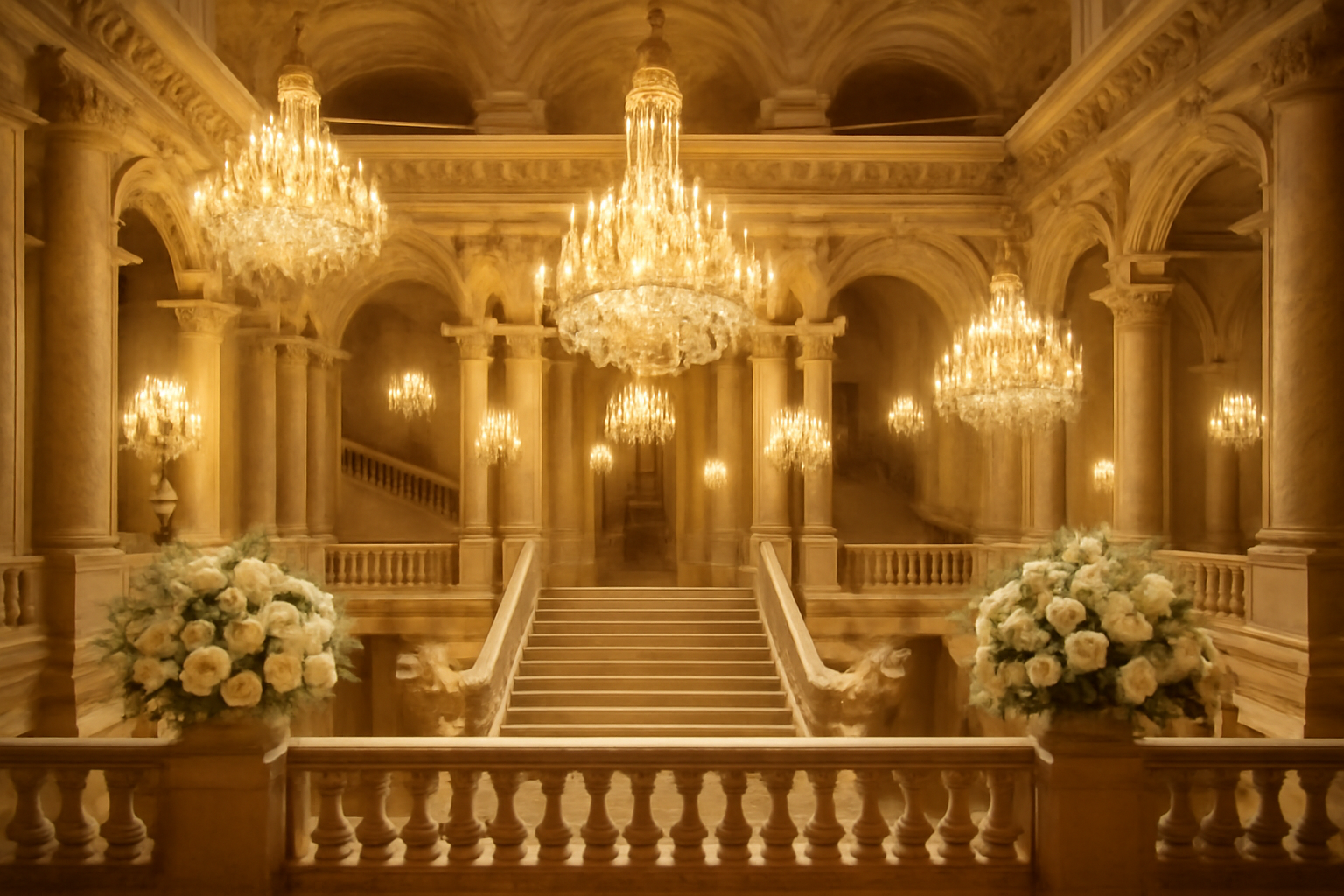 Hall somptueux d'un palace parisien avec escalier d'honneur